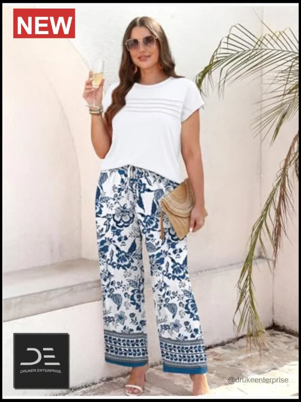 Matching Two Piece Set - Cap Sleeve Top & Wide Leg Pants